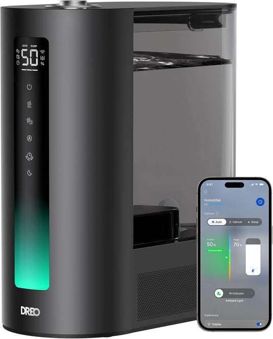 DREO 6L Smart Warm & Cool Mist Humidifiers for Bedroom HM713S | 60-Hour Quiet Runtime for Large Room, 500ML/HR Output, Smart Humidity Sensor, Indicator Light, Works with Alexa & Google
