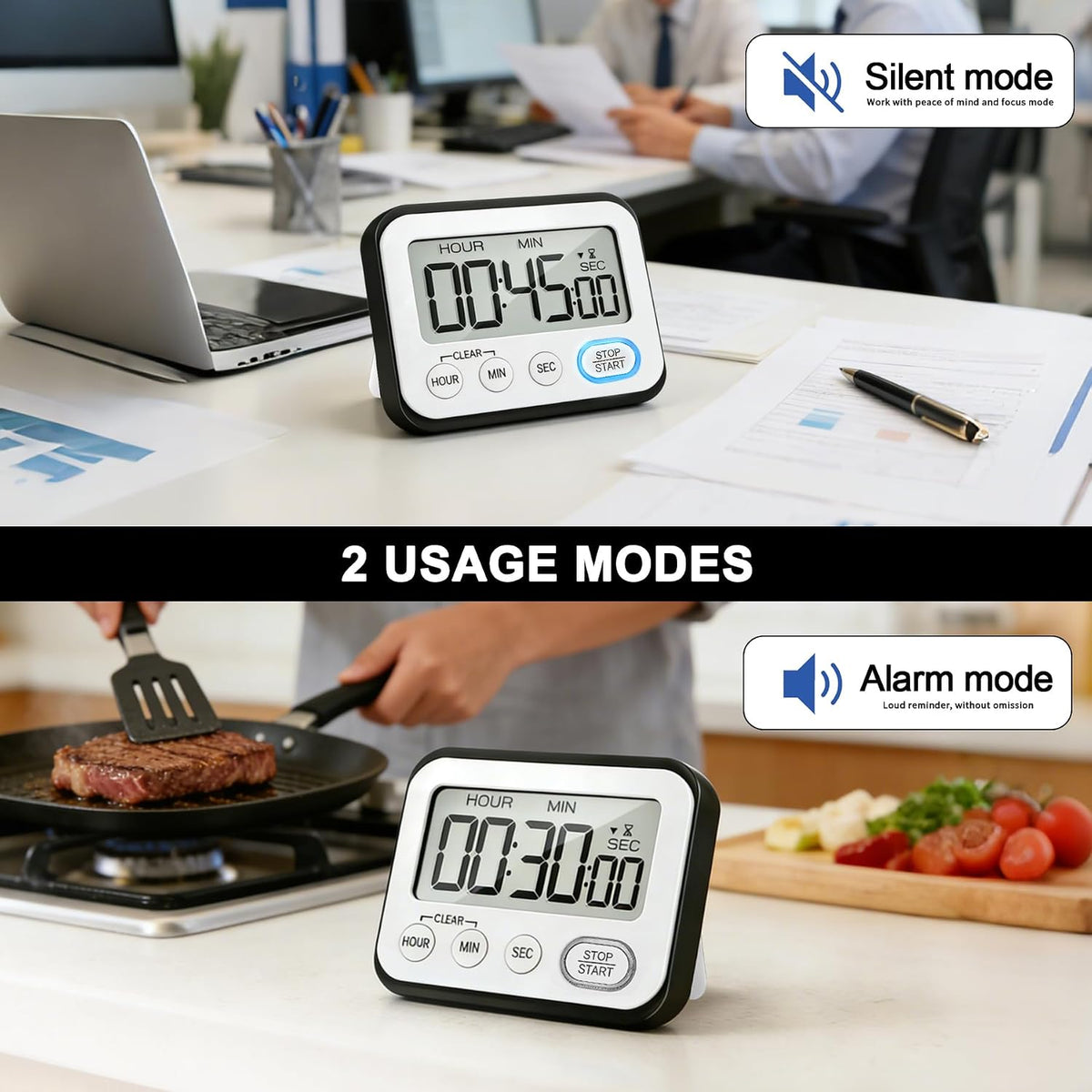 Digital Kitchen Timer Magnetic Loud Alarm, Large LCD Screen Silent/Beeping Multi-Function for Teachers Classroom Kids, Black