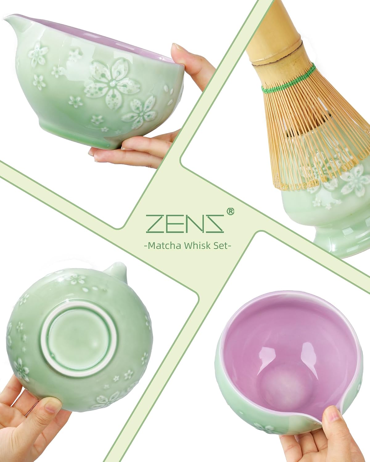 ZENS Matcha Whisk Set, Matcha Kit Set, Matcha Bowl with Spout, Bamboo Whisk & Scoop, Chasen Holder, 304 Sifter & Tea Mat, 6pcs Japaness Matcha Kit for Matcha Lovers, Birthday Gift, Pale Green