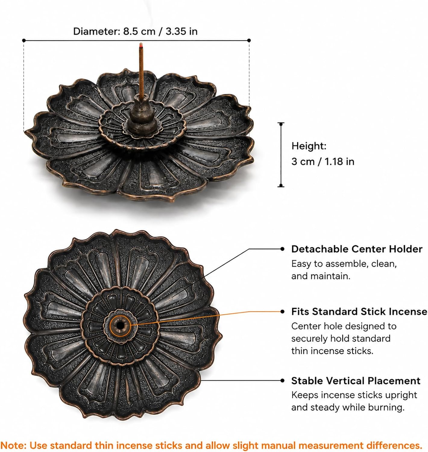Incense Holder for Sticks, 3-in-1 Lotus and Gourd Incense Burner with Detachable Ash Catcher, Spiritual Japanese Decor for Yoga and Meditation