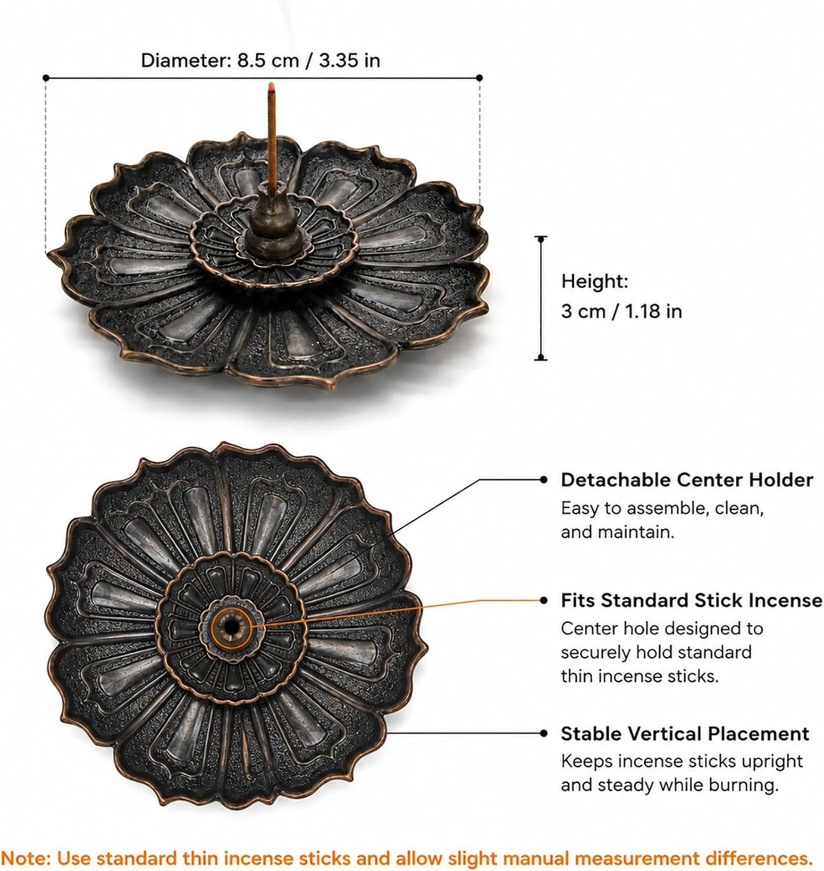Incense Holder for Sticks, 3-in-1 Lotus and Gourd Incense Burner with Detachable Ash Catcher, Spiritual Japanese Decor for Yoga and Meditation