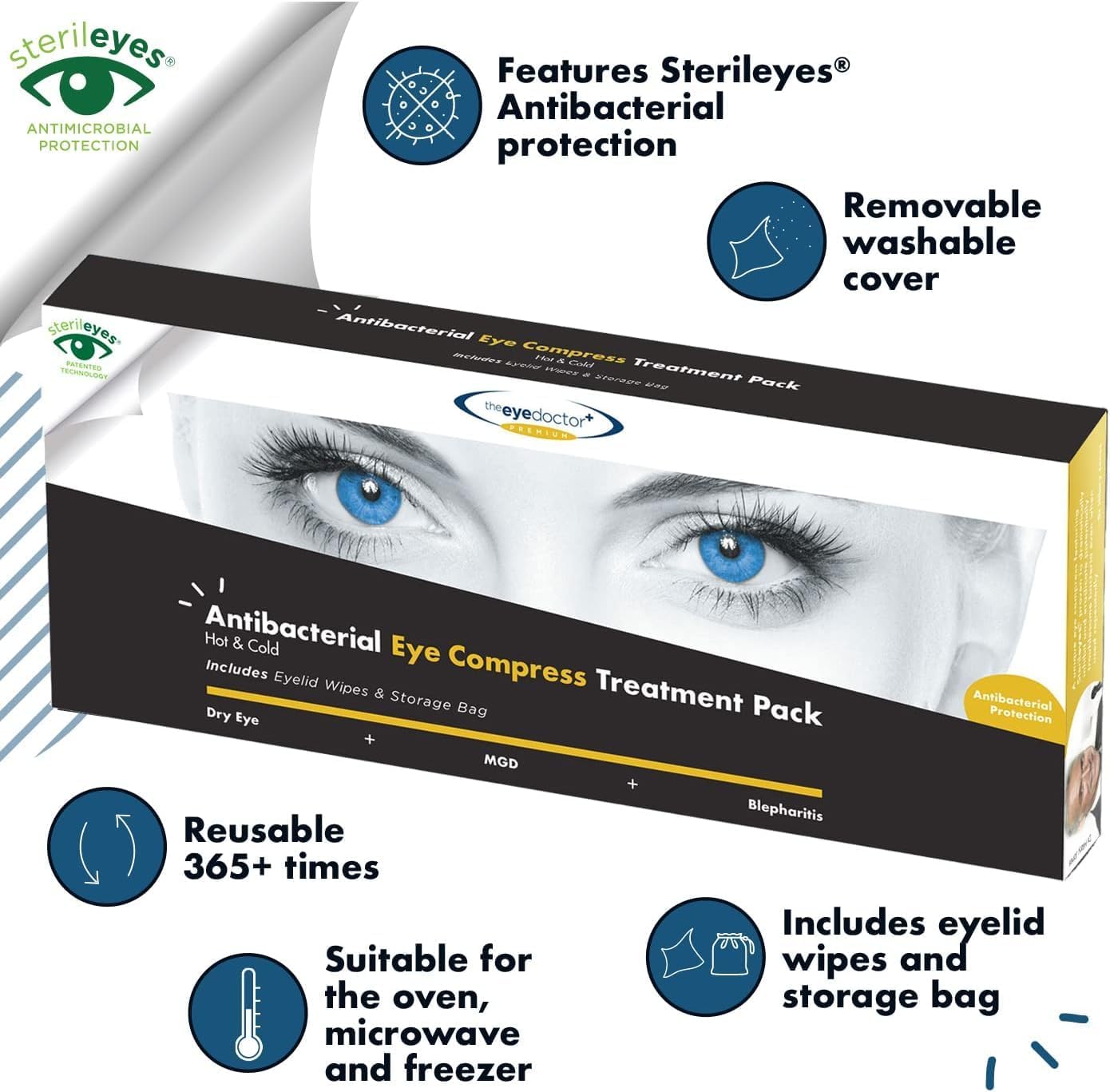 The Eye Doctor Featuring Sterileyes - Antibacterial Hot Eye Compress for Dry Eye, Blepharitis and MGD with a Removable Cover. Cold Compress, Includes 6 Eyelid Wipes