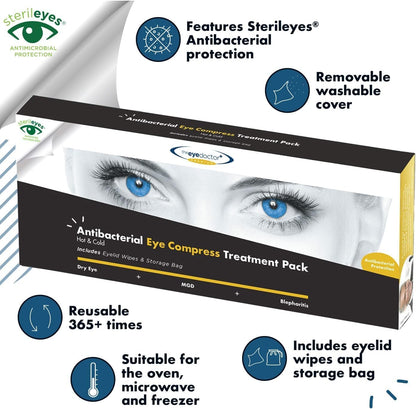 The Eye Doctor Featuring Sterileyes - Antibacterial Hot Eye Compress for Dry Eye, Blepharitis and MGD with a Removable Cover. Cold Compress, Includes 6 Eyelid Wipes