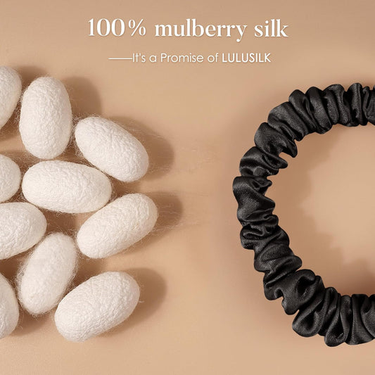 LULUSILK Small Silk Hair Ties No Damage, 100% Real Mulberry Silk, Skinny Scrunchies Ponytail Holders for Thin Fine Hair, Brown, Pack of 3