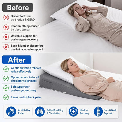31" Extra-Long Wedge Pillow, Full Torso Support with Gentle Incline, Upper Body Elevation for Sleeping, Acid Reflux, Snoring Relief, Back Pain Relief, After Surgery, Gray