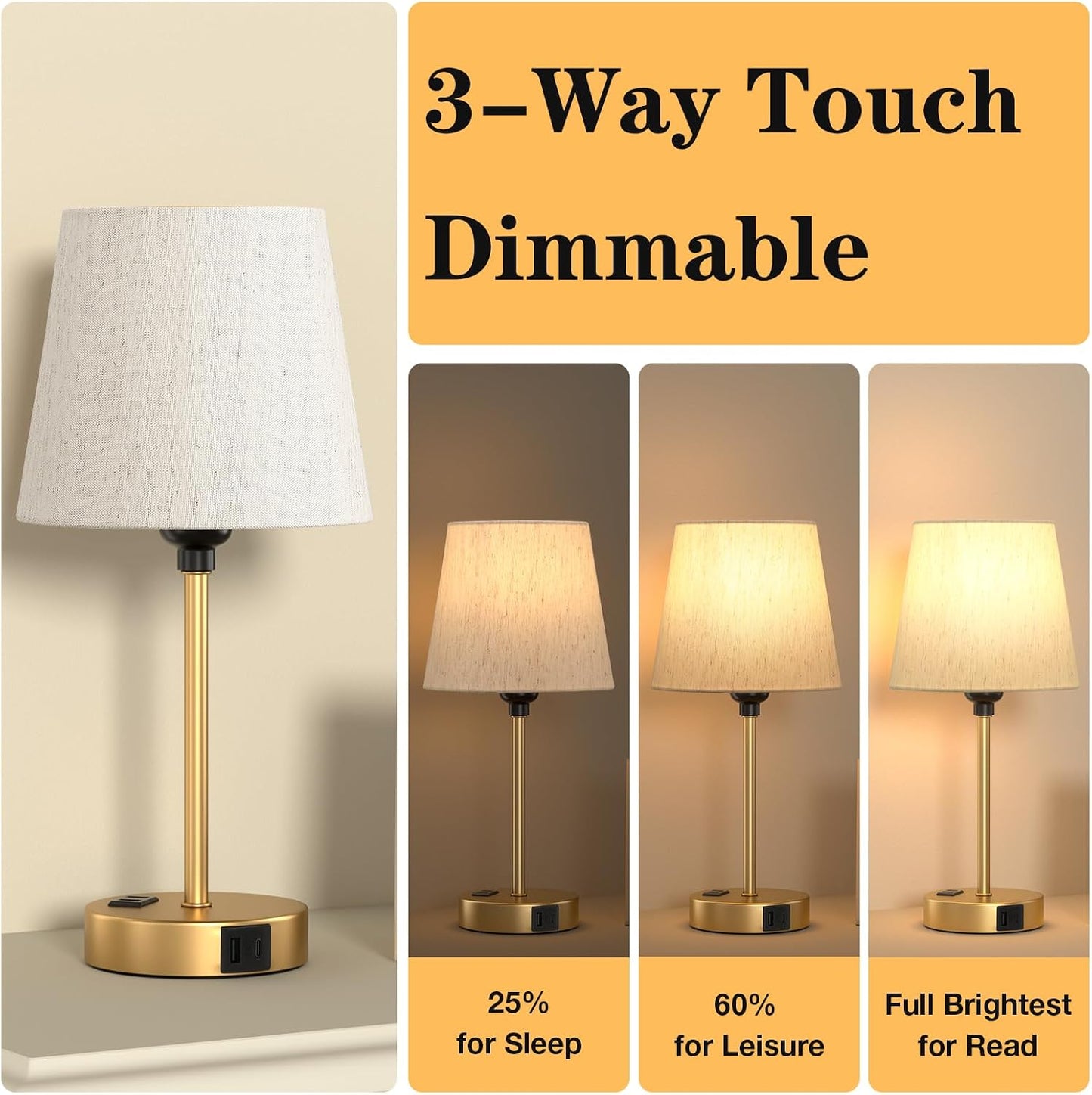 Mini Bedside Lamps for Bedrooms Set of 2 - Nightstand Bedroom Lamps with USB C Port and AC Outlet Charging, Dimmable Touch Small Bed Side Table Lamp, Black Night Stand Light for Kids/Guest Room