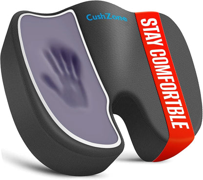 CushZone Seat Cushion - Memory Foam Office Chair Cushion for Sciatica, Tailbone & Back Pain Relief - Orthopedic Coccyx Pillow for Car, Airplane, Pregnancy & Long Sitting at Work, Black