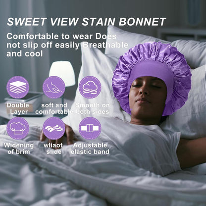 4PCS Silk Satin Bonnets for Black Women & Men - Elastic Wide Band Hair Wrap Cap for Curly Hair - Shower Cap for Sleeping (Black, Peacock Blue, Pink, Khaki)