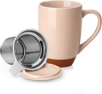MALACASA Ceramic Tea Mug with Lid and Stainless Steel Infuser, 18 oz Large Tea Cup for Loose Leaf Tea, Heat-Resistant, Microwave & Dishwasher Safe, Speckled Glaze Coffee & Tea Brewer Mug, Khaki White