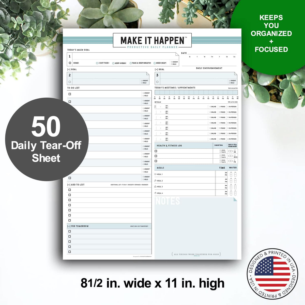 Daily Notepad Planner Basic Minimal To Do Productive List Pad- 50 Tear Off Premium Pad USA (Sea Foam Blue)