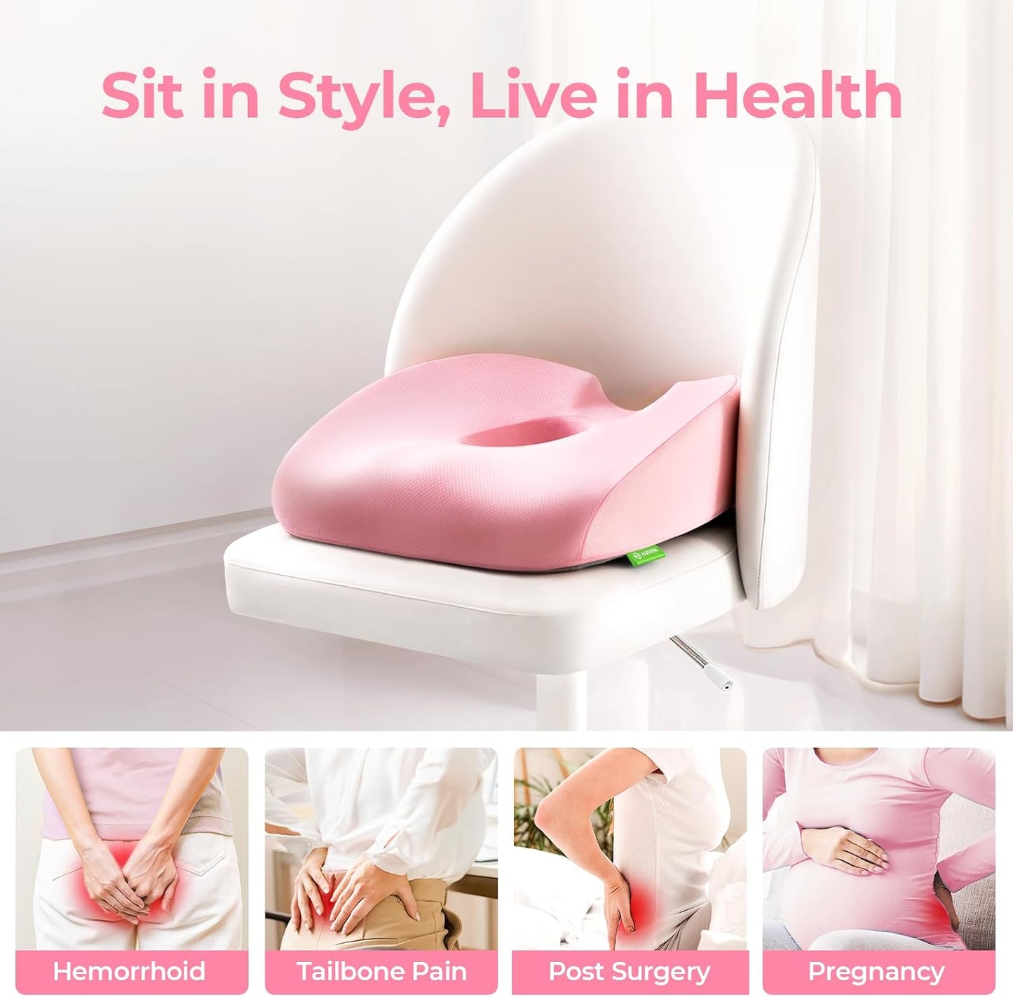 AUVON Innovative Donut Pillow Hemorrhoids Scientific Center Hole and Tailbone Cutout, Orthopedic Pain Relief Donut Seat Cushion for Coccyx, Sciatica, Postpartum Pregnancy, After Surgery Sitting Relief
