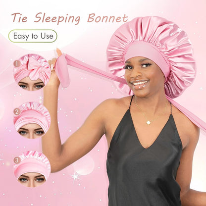BONNET QUEEN Silk Bonnet for Sleeping for Women Satin Bonnet Night Cap for Curly Hair with Tie Band, Single Layer, Cream Pink