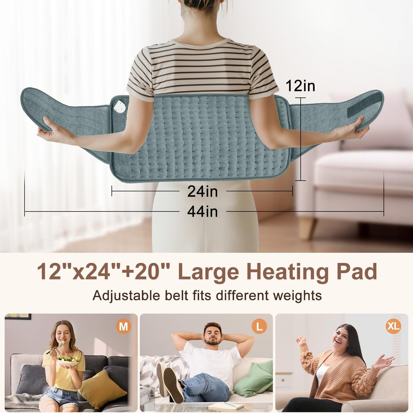 IGXHAVIZ Heating Pad for Back Pain Relief, Electric Heating Pad for Period Cramps Neck Shoulders with Belt, 4 Timer 6 Heat Setting & Auto Shut Off, 12"x24"+20" Large Moist Heat Pad for Mom,Dad
