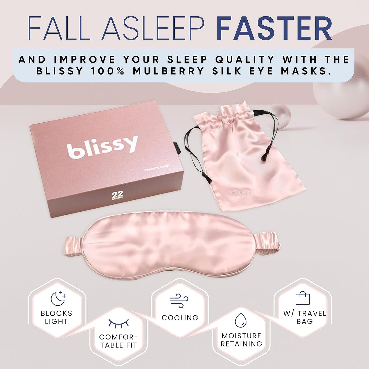 Blissy Silk Sleep Mask - Eye Sleeping Mask for Women & Men for Total Blackout - 100% Pure Mulberry Silk, 22 Momme 6a Fibers - Blindfold Sleep Mask Side Sleeper Eye Cover (Non Adjustable)