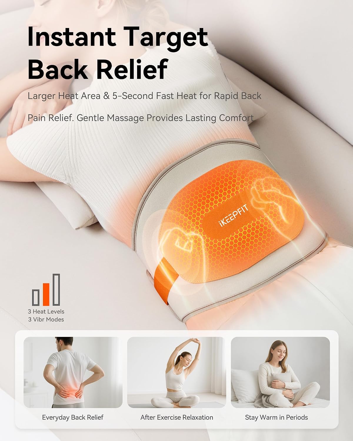 IKEEPFIT Portable Heating Pad for Back, FSA Eligible HSA, Cordless Heat Belt with Massager for Lower Back Pain Relief, Battery Powered 8000 mAh Rechargeable, MAXwarm 3.0, Gift for Women Men 90-310 lb