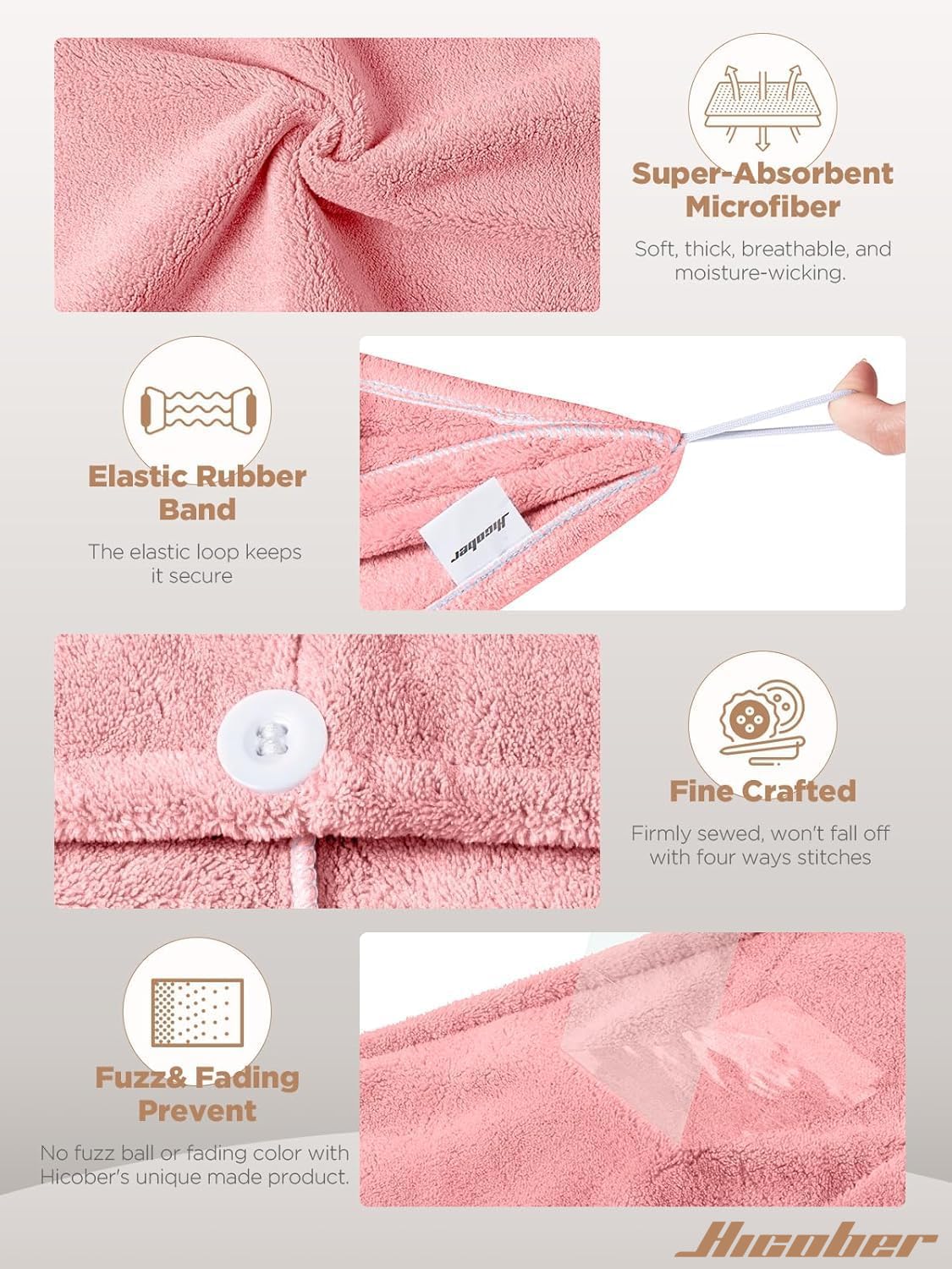 Hicober Microfiber Hair Towel Wrap, Fast Drying Hair Towels for Women, Soft Lightweight Quick Dry Turban for Curly & Long Hair–3 Pack(Blue/Grey/Pink)