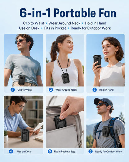 Portable Waist Fan, Ultra Lightweight Wearable Clip On Fan for Shirt, Mini Personal Neck Fan for Travel, Hands Free Belt Fan with Strong Airflow, Rechargeable Small Body Fan for Women & Men
