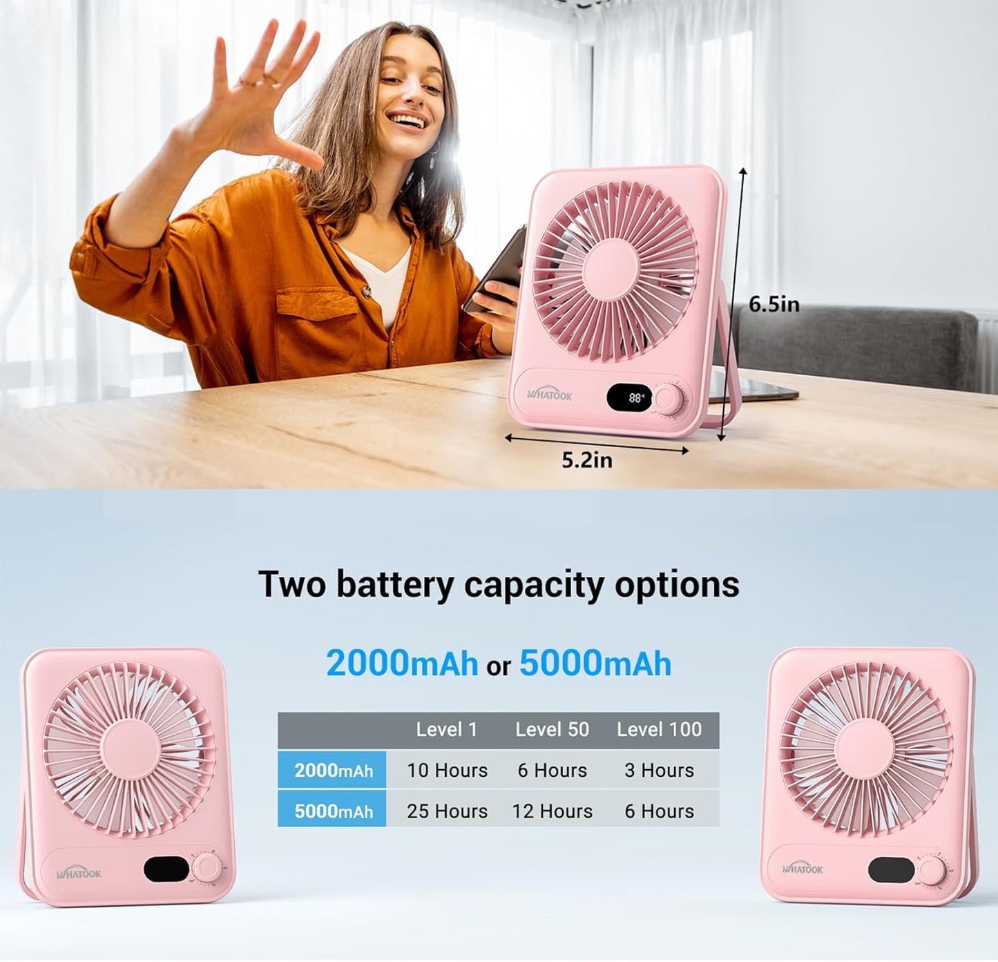 WHATOOK Small Desk Fan Personal Fans: 5000mah 25 Hours Battery Office Quiet Mini Desktop Fan Portable Rechargeable Travel Essentials (Purple, 2000 mAh)