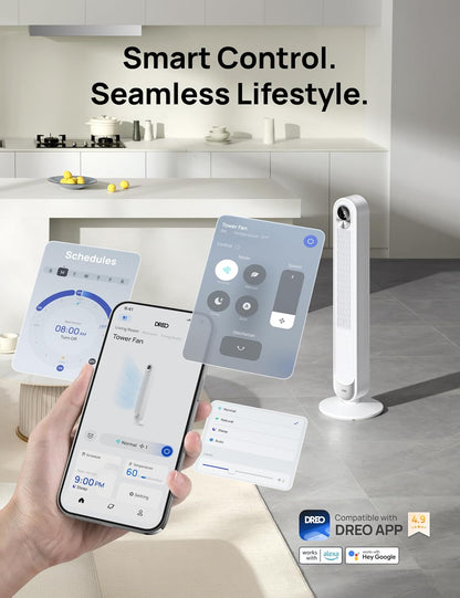 DREO Smart Tower Fan for Bedroom, 28ft/s Velocity, 8 Speeds Ultra Quiet Fan