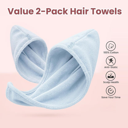 Mandydov 100% Cotton Hair Towel Wrap for Women, 2 Pack Thickened & Super Absorbent Turbans, Anti Frizz Quick Dry Hair Towels (Blue, Pink Blush)