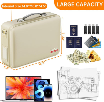 DocSafe Fireproof File Organizer with Lock, Hard-Shell Case Fireproof Document Box with 13 Pocket Accordion File Folder, Portable Home Office Travel Safe Storage for Important Documents Laptop Beige