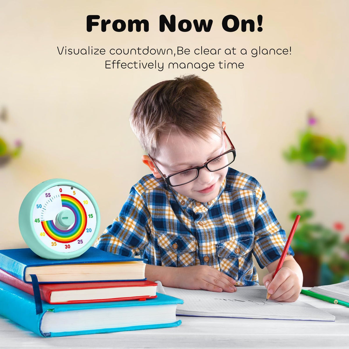 Visual Timer for Kids, 60-Minute Countdown Timer for Classroom Office Kitchen, Desk Timer Kids Time Management Tools with Silent Operation, Pomodoro Time Rainbow Pattern (Grass Green)