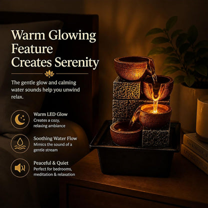 Tabletop Water Fountains, 10.6" Indoor Waterfall with Relaxing Warm Lights & Quiet Pump, Small Soothing Sound Machine, Feng Shui Decor for Good Luck, Relaxation & Meditation