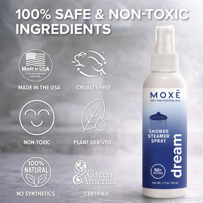 MOXĒ Eucalyptus Oil Shower Mist, Spa Steam Spray, Certified Natural 100% Essential Oils, Made in USA, Aromatherapy, Sinus Congestion Relief, Tension Relief, 4 Ounces