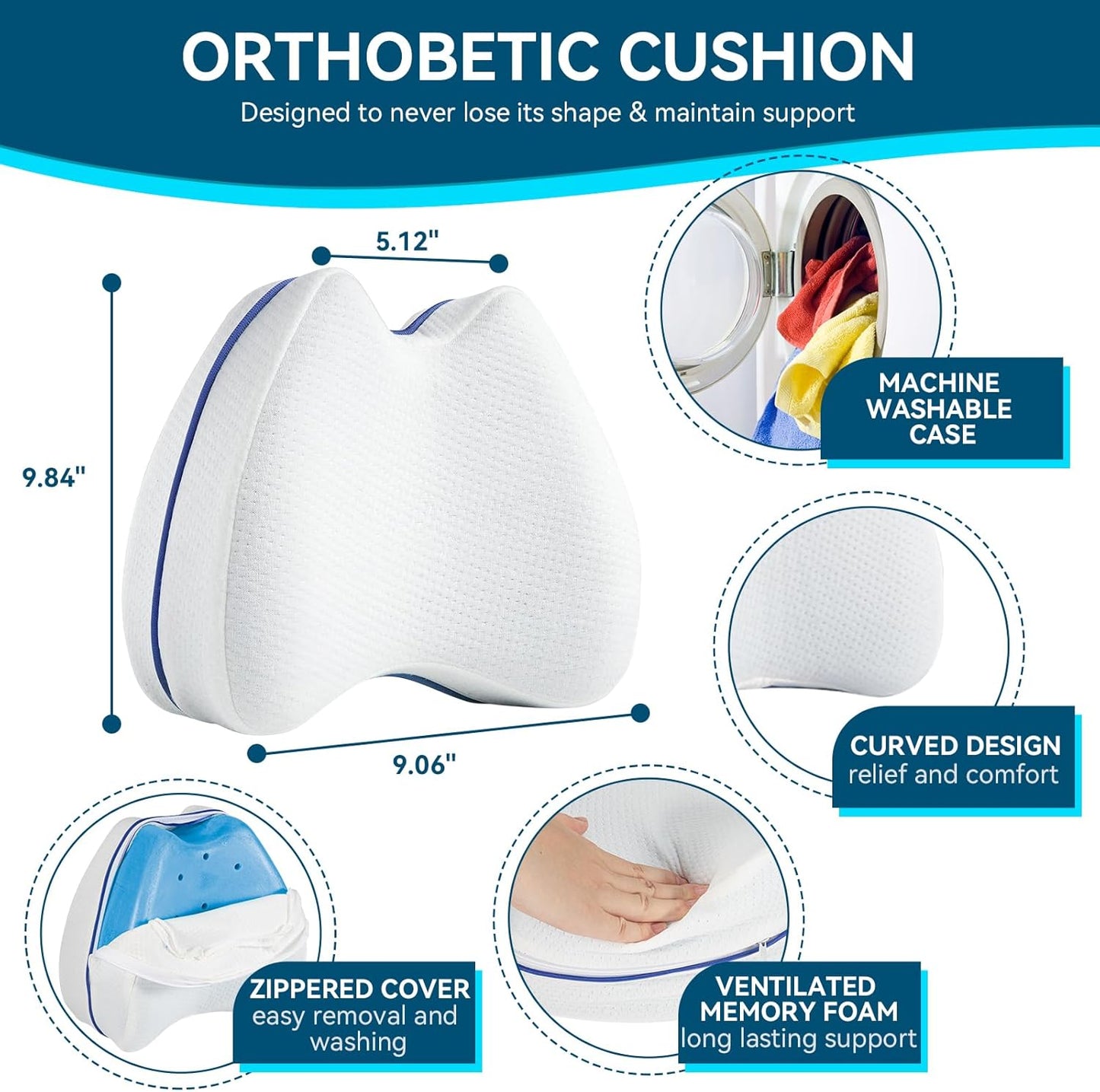 QISHFEN Knee Pillow for Side Sleepers Hip Pain Memory Foam - Leg Pillow for Side Sleeping Back, Sciatica, Knee Pain Relief - Side Sleeper Pillows with Washable Cover (1 Pack)