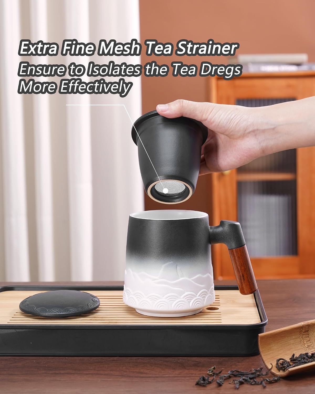 ZENS Embossed Ceramic Tea Mug with Infuser and Lid, 14.5 oz Wooden Handle, Loose Leaf Tea Steeper Cup & Strainer for Tea Lovers Gifts