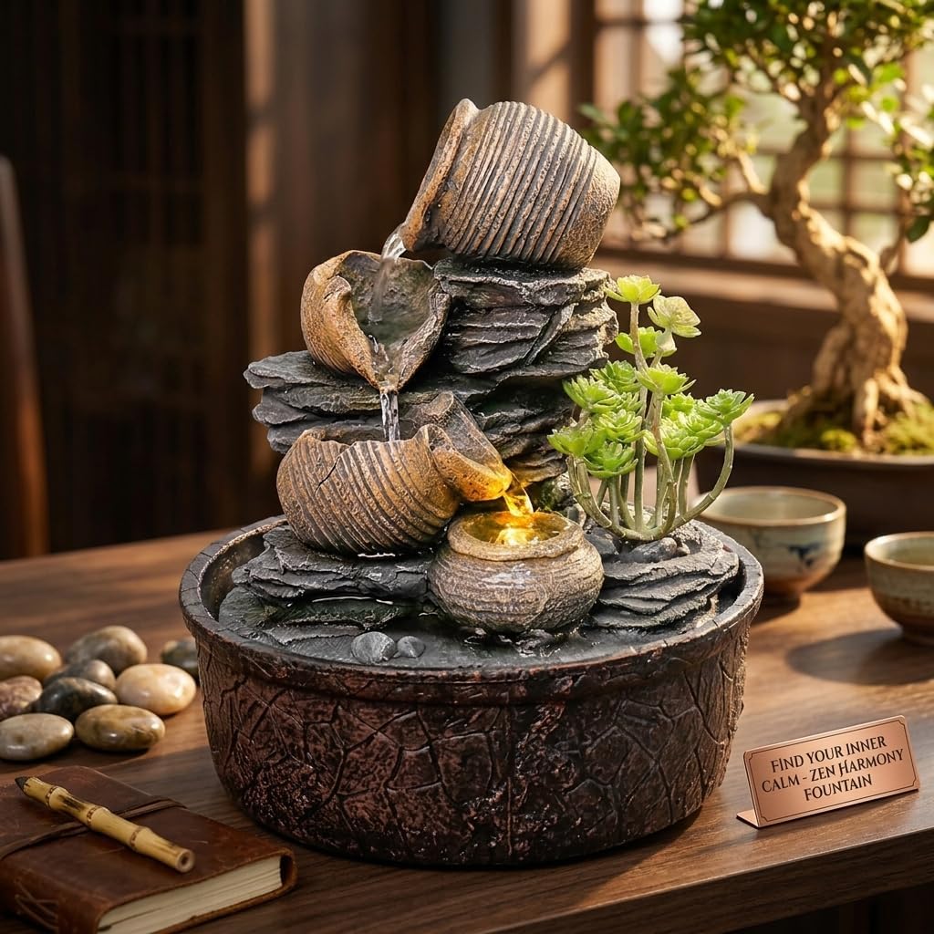 Indoor Waterfall Tabletop Fountain with LED Lights,Zen Water