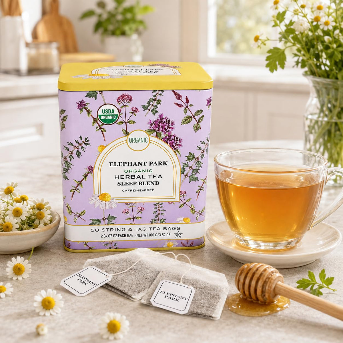 Organic Sleep Blend Herbal Tea - 50 Packets - Natural Chamomile, Peppermint, Fennel And Tulsi Teabags - USDA Certified 100% Non-GMO - Decaffeinated Designer Gift Tin
