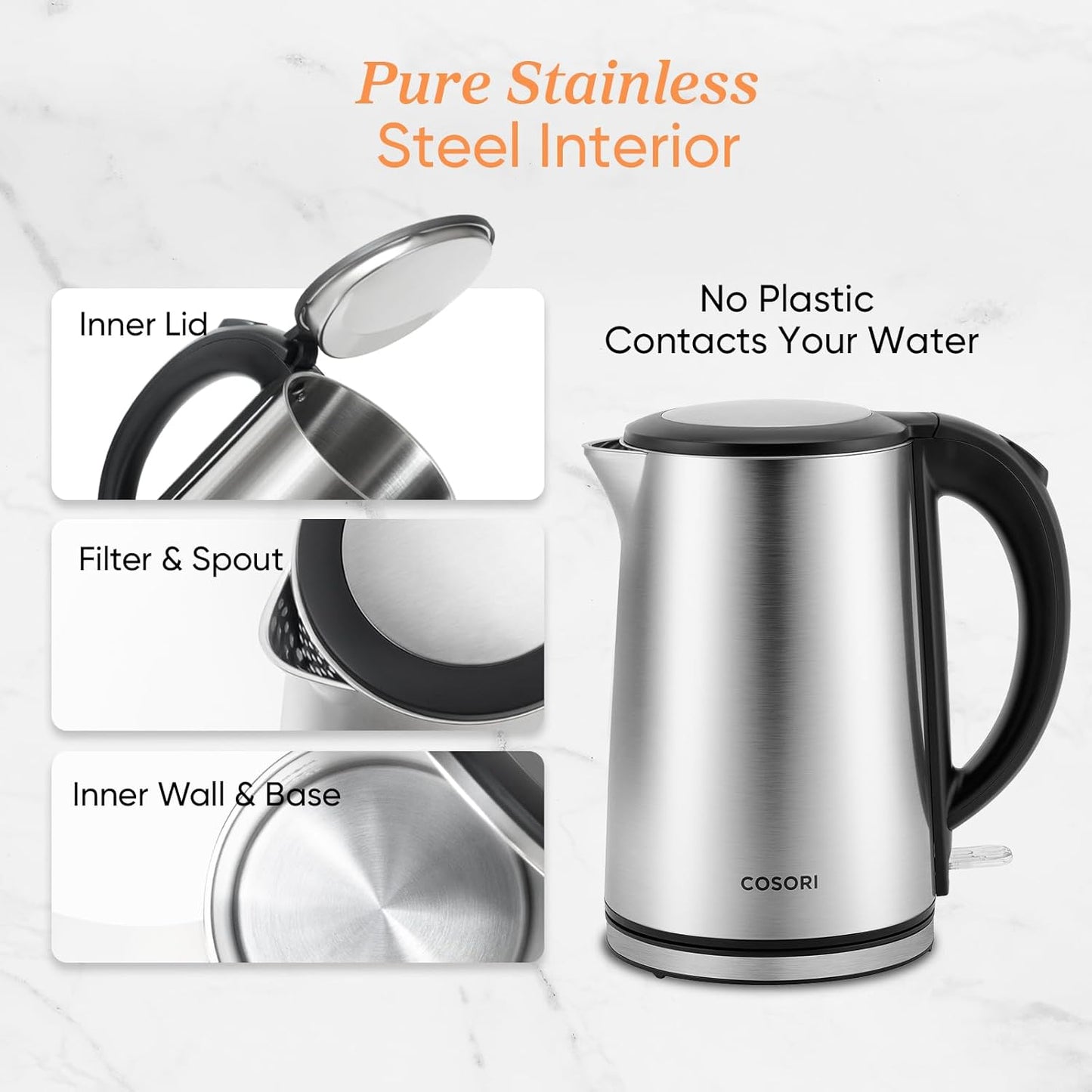 Cosori Electric Kettle, No Plastic Inner Lid, Filter & Spout, Stainless Steel Tea Kettle, Automatic Shut Off & Boil-Dry Protection, Durable Tea Kettle Boiler & Heater, 1.5L/1500W, Black