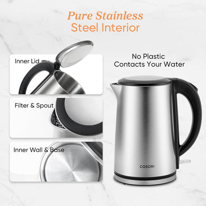 Cosori Electric Kettle, No Plastic Inner Lid, Filter & Spout, Stainless Steel Tea Kettle, Automatic Shut Off & Boil-Dry Protection, Durable Tea Kettle Boiler & Heater, 1.5L/1500W, Black