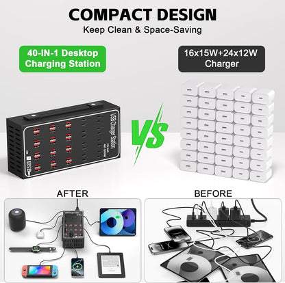 200W 40A USB Charging Station for Multiple Devices, 40 Port Fast USB Charger Block, Desktop Wall Fast Charger with Intelligent Protection, USΒ Power Strip Suitable for Home Office School