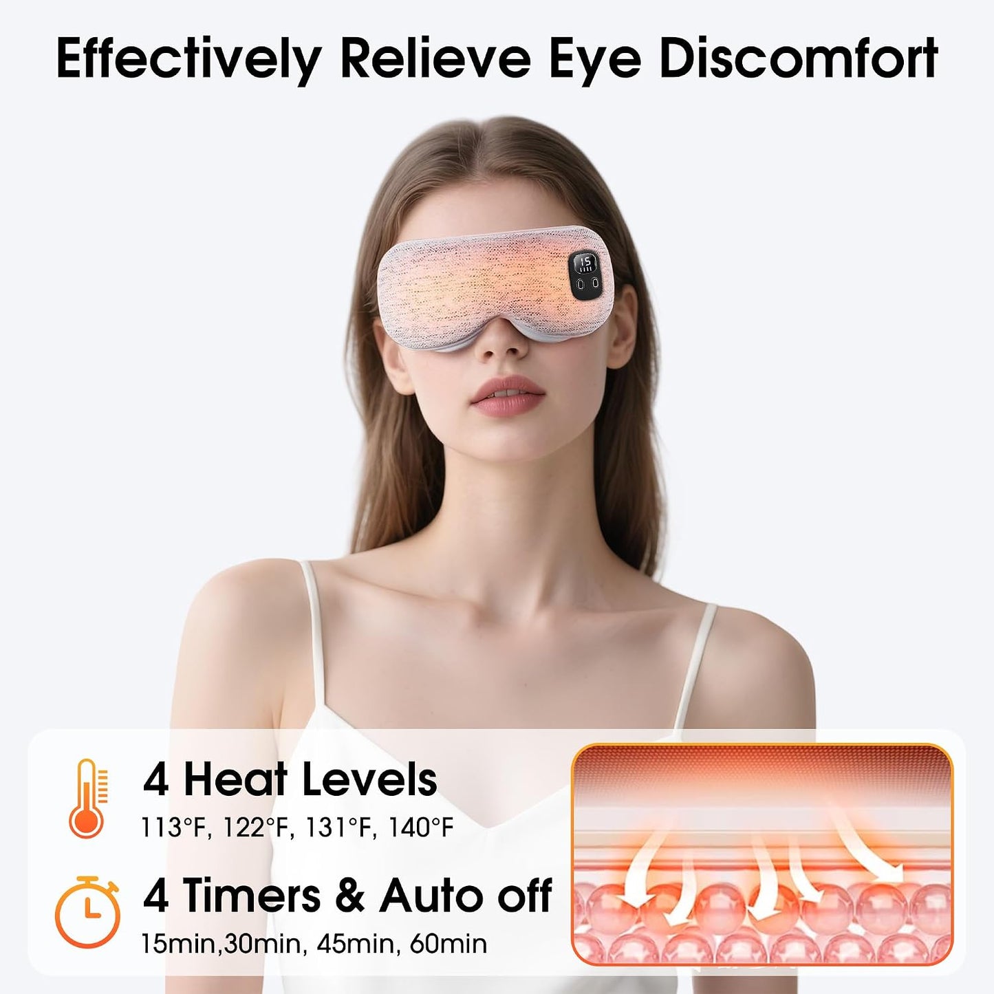 Heated Eye Mask, Cordless Rechargeable Eye Compress, Eye Relief, Improved Sleep, Washable Eye Mask, 4 Heat Levels, 4-Level Timing - Gray
