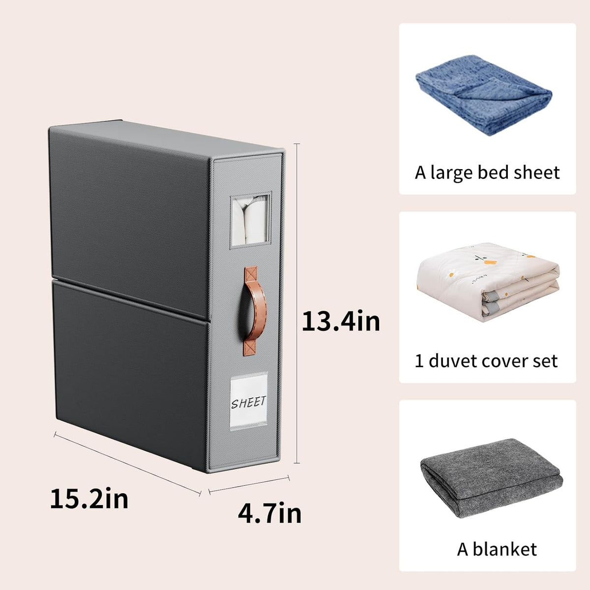 EE-RoomWorld Bed Sheet Storage Organizers，Premium Fabric Closet Organizer with Clear View Window, Space-Saving Foldable Design for Queen/King Size Bedsheets, Blankets & Duvet Covers