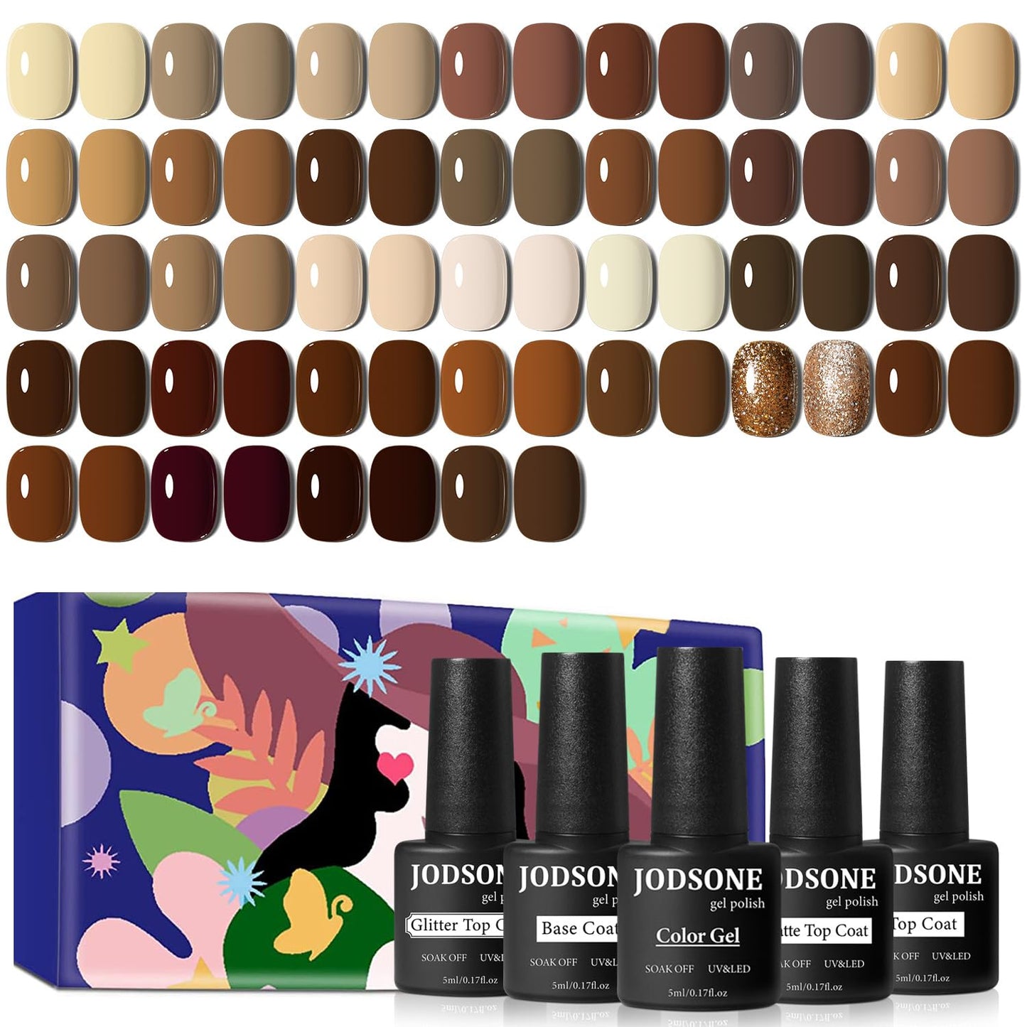 JODSONE Gel Nail Polish Kit 60 PCS with U V Light Soak off Base Top Coat 55 Shine Colors Gel Nail Kit Bright and Dark Brown Wine Red Series Manicure Set for Women and Girls