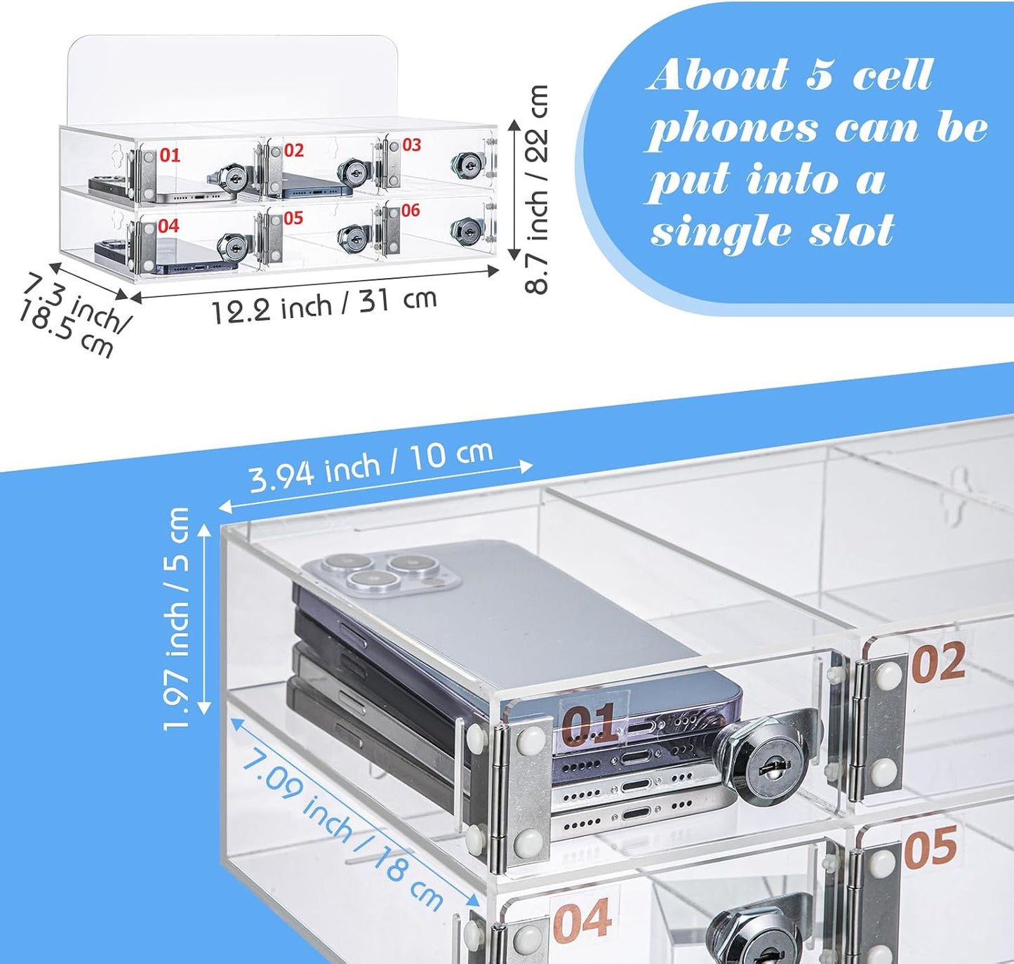 Threan 12 Slot Cell Phone Storage Box, Acrylic Clear Cell Phone Storage Cabinet Wall Mounted with Door, Locks and Keys for Office School Factory