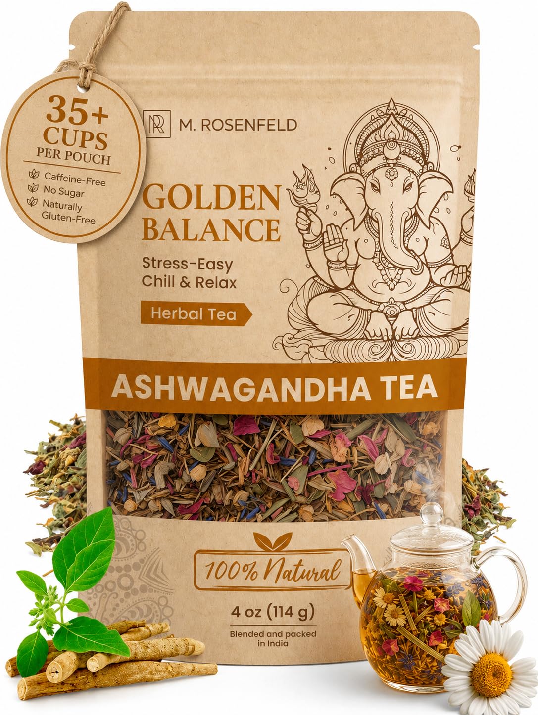 Ashwagandha Tea Loose Leaf – Golden Balance – Chill & Relax Herbal Blend with Chamomile, Lemon Balm & Lavender – Caffeine-Free Adaptogen Root Tea with a Naturally Slightly Earthy Flavor for Calm & Relaxation, 4 oz