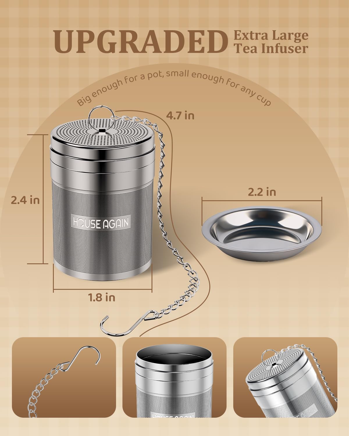 House Again Large Tea Infusers, Extra Fine Mesh Tea Strainers for Loose Tea, Slim Threaded Lid & 304 Stainless Steel, Filter Bags Diffusers, Loose Leaf Tea Steeper for Brew Tea Spices & Seasonings