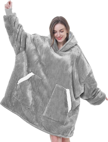 Kipswiza Wearable Blanket Hoodie Gifts for Women and Men, Oversized Cozy Warm Flannel Sherpa Hooded Blankets Sweatshirt with Giant Pockets for Adult and Teens, Dark Gray
