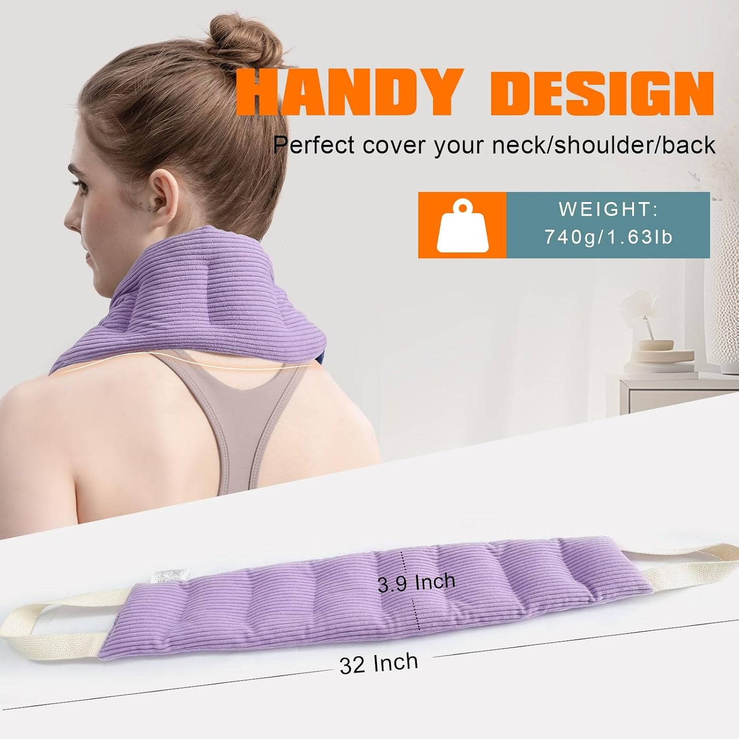 uncn Heating Pad for Neck Shoulders and Back Microwavable Wrap Weighted Neck Warmer 32x5in Microwave Heat Wrap Rice Beanbag Lavender Scented 1.5Pounds