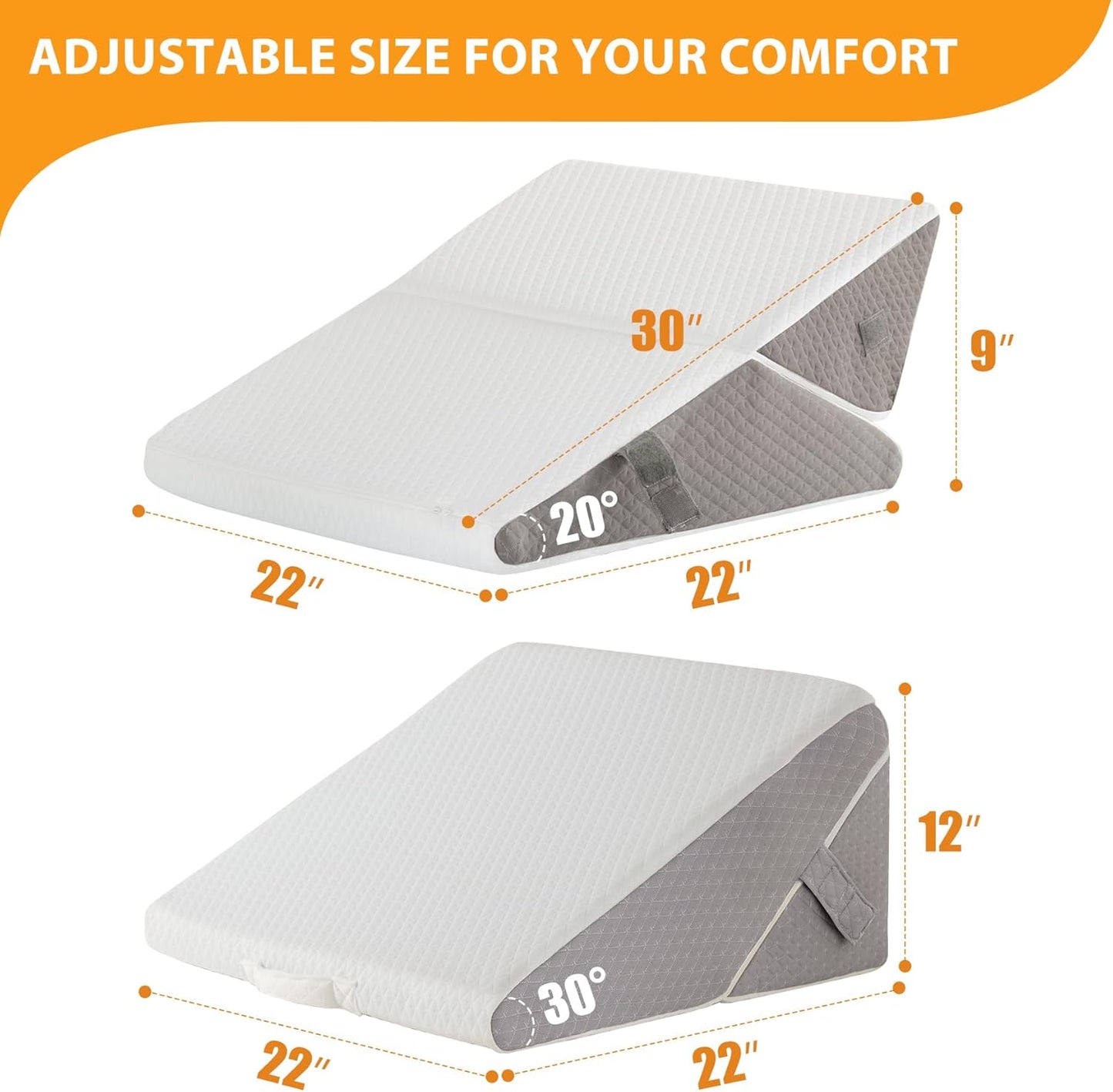 Ruqmuis Wedge Pillow Set for After Surgery, 3PCS Adjustable 9&12 Inch Bed Wedge Pillow for Sleeping, Incline Pillow Wedge for Headboard, Post Surgery, Acid Reflux, Neck&Back Support, White/Grey