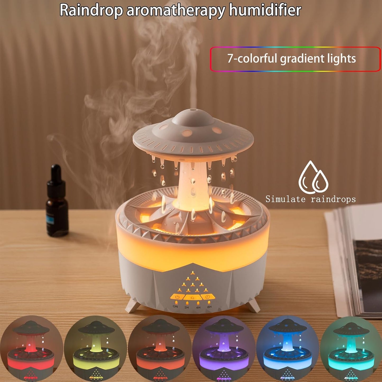 Raindrop Humidifier for Bedroom, 350ml Cool Mist Humidifier with Essential Oil Diffuser, 7 Colors LED Night Light & 4 Timers, Ultrasonic Vaporizer for Home Nursery Office