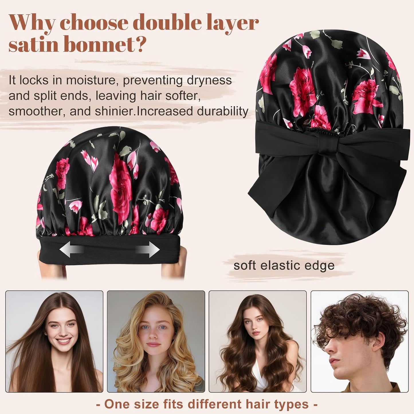 Satin Bonnet for Sleeping Cap Double Layer Hair Bonnet with Elastic Tie Band for Curly Hair Night Cap (Bean Paste + Pink)
