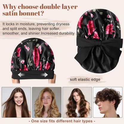 Satin Bonnet for Sleeping Cap Double Layer Hair Bonnet with Elastic Tie Band for Curly Hair Night Cap (Bean Paste + Pink)