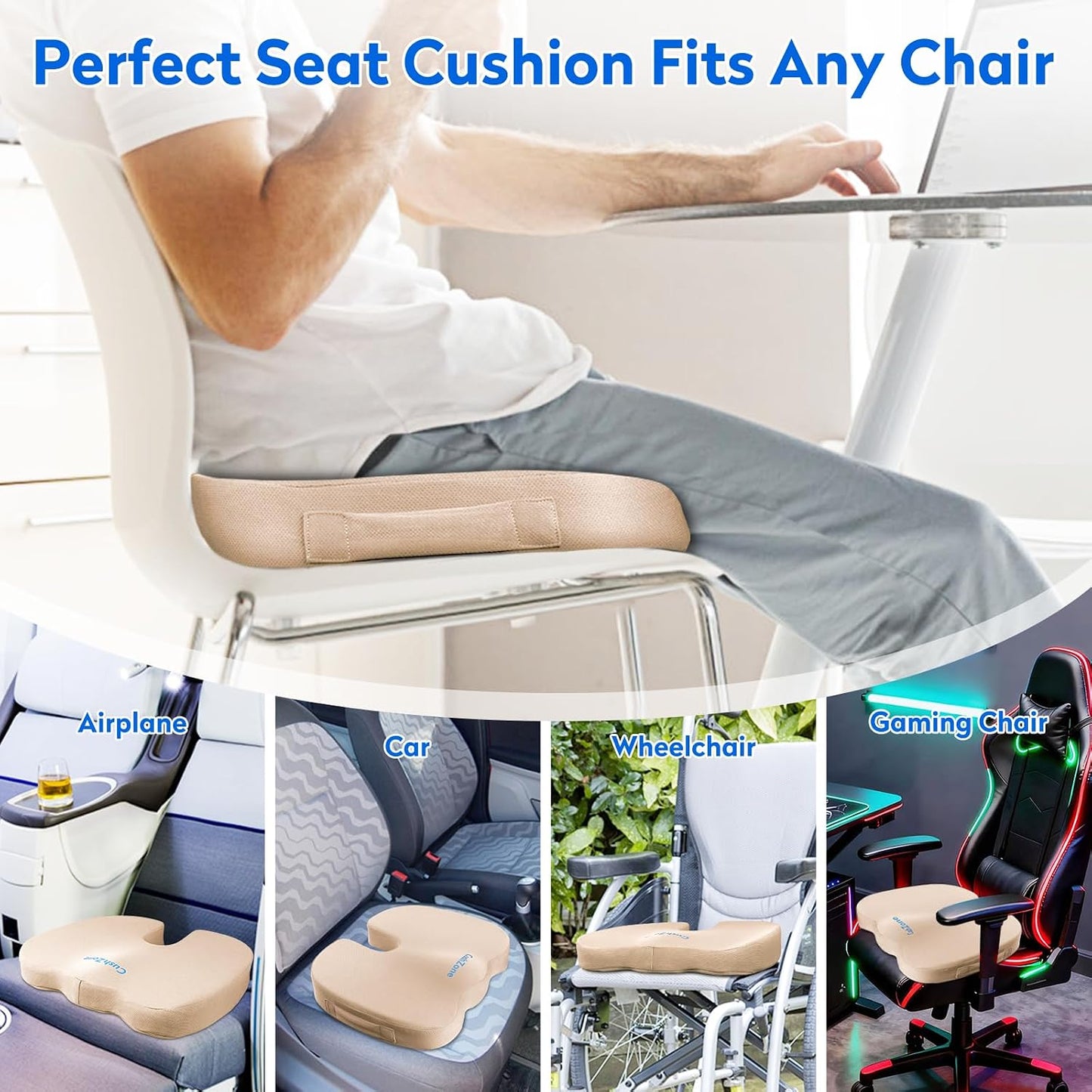 CushZone Seat Cushion - Memory Foam Office Chair Cushion for Sciatica, Tailbone & Back Pain Relief - Orthopedic Coccyx Pillow for Car, Airplane, Pregnancy & Long Sitting at Work, Black