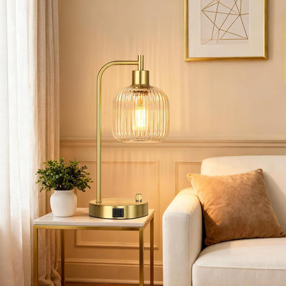 QiMH Industrial Table Lamp for Bedroom Set of 2, Green Glass Beside Lamp with USB A&C Ports, Stepless Dimmable Gold Lamps, Nightstand Lamps for Living Room, Office, Home Decor(Bulb Included)