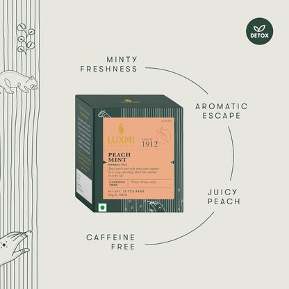 Luxmi Estates Peach Mint Herbal Tea, 25 Biodegradable Tea Bags (50g, 1.76oz) | Caffeine-Free Fruit Herbal Infusion with Real Peach Bits, Hibiscus, Spearmint, Cinnamon, Ginger, Licorice, Orange Peel, Cardamom & Dandelion, Vegan